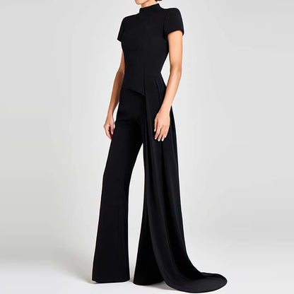 Women Elegant Commuting 2Pc Suit Fashion Stand Collar Solid Color Irregular Set Casual Short Sleeve Pullover & Long Pant Outfits.