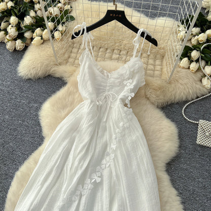 SINGREINY 2025, süßes Sommerkleid für Damen, Spaghettiträger, plissiert, 3D-Blumenmuster, schickes Sommerkleid, Fairycore, unregelmäßiges Kleid