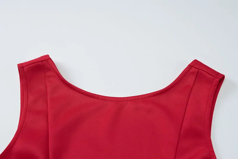 DGLUKE Elegantes rotes Minikleid für Damen, U-Boot-Ausschnitt, ärmellos, hohe Taille, A-Linien-Kleid, rückenfrei, plissiert, kurze Abschlussball-Party-Kleider.