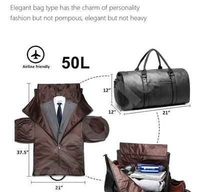 2025 Neue Herren-Anzugtasche aus Leder mit großem Fassungsvermögen, wasserdicht, für Wochenendaisen, Business, umwandelbare 2-in-1-Handgepäcktasche.