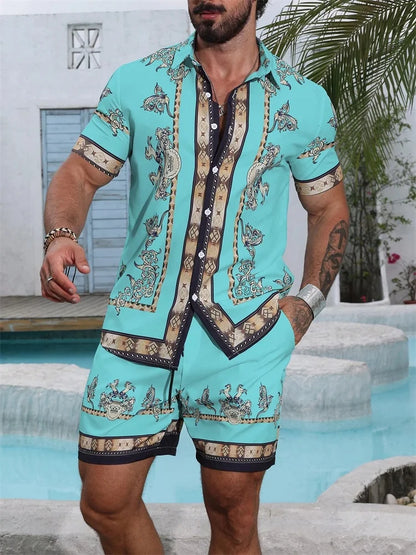 A Comfortable Summer Men's Suit Featuring Short-sleeved Shirts And Loose Shorts, A Two-piece Outdoor Fashion Set.