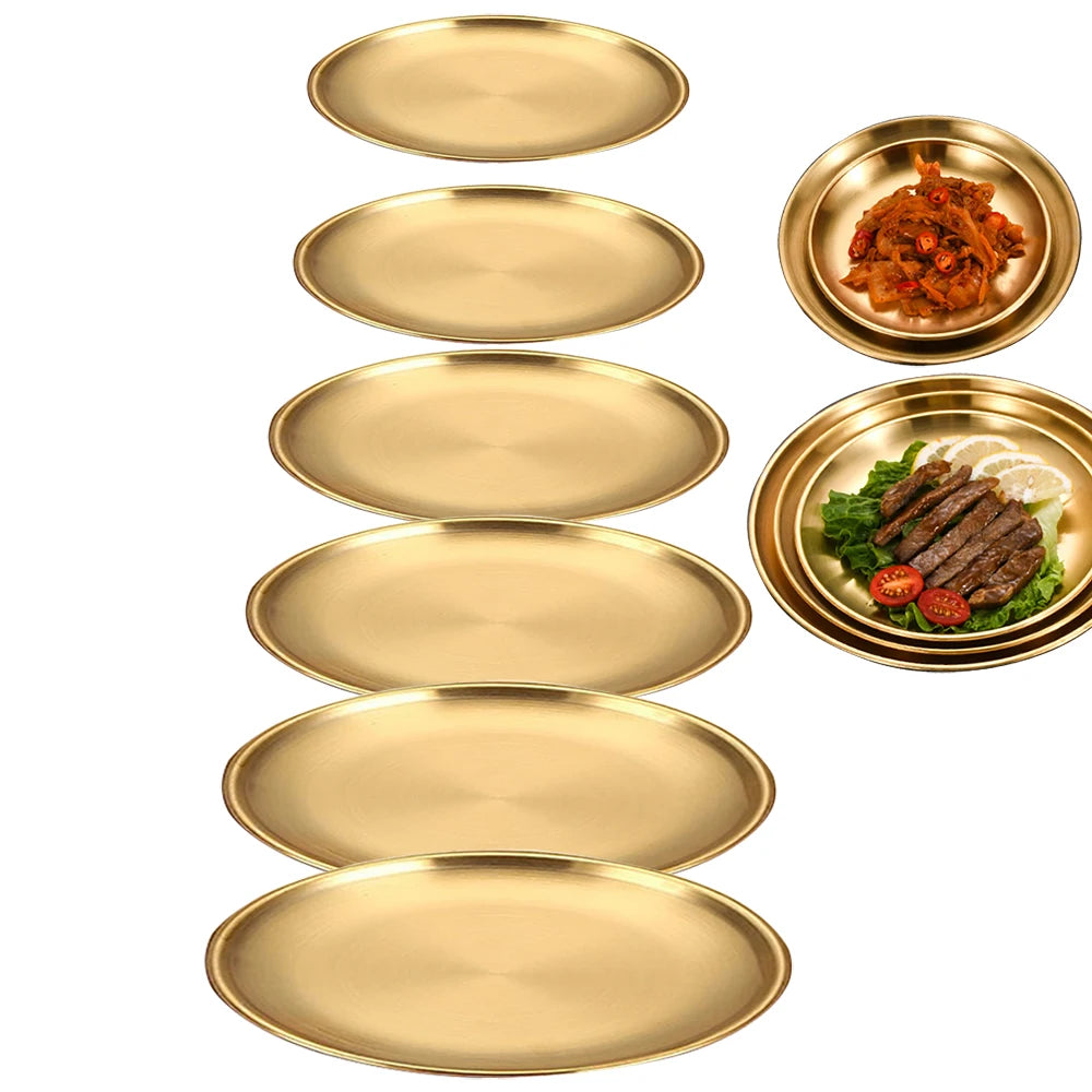 1Pcs Gold Stainless Steels Metal Round Plate Rust-Proof Shallow Tray Plate Camping Plate BBQ Picnic Dishes Cookware Tableware.