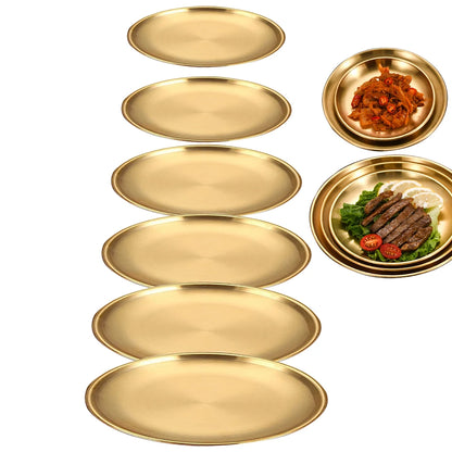 1Pcs Gold Stainless Steels Metal Round Plate Rust-Proof Shallow Tray Plate Camping Plate BBQ Picnic Dishes Cookware Tableware.
