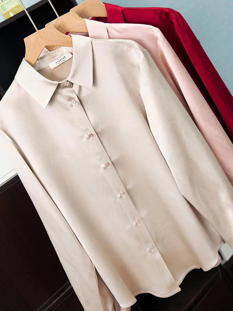 Women's French Style High Quality 40 MM Heavy Office Lady Solid Satin Silk Long Sleeve Shirt Ladies' Blouse.
