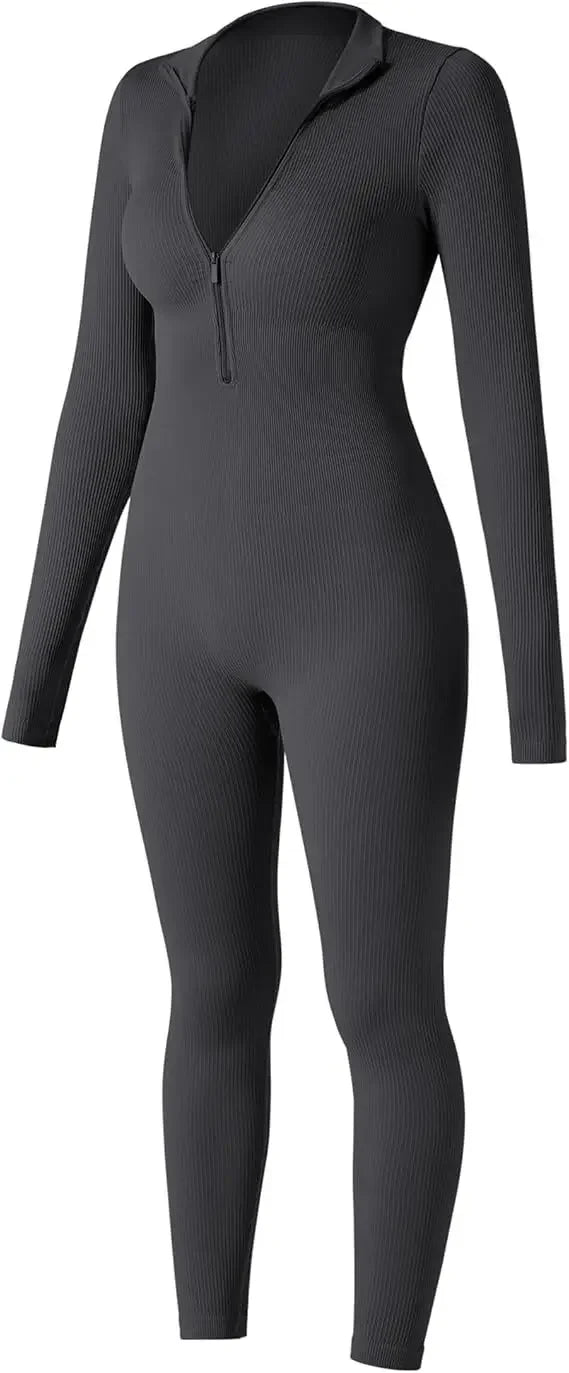 Seamless Long Sleeve Yoga Suit Waist-Fitted Shaping Trousers Casual Sports One-Piece Zippered Fitness Wear