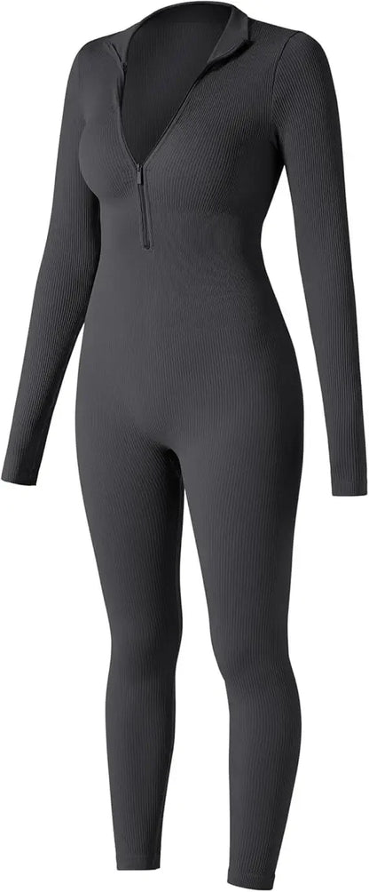 Seamless Long Sleeve Yoga Suit Waist-Fitted Shaping Trousers Casual Sports One-Piece Zippered Fitness Wear