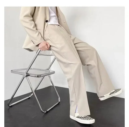 Men's Straight Baggy Casual Pants Korean Slit Personality Suit Trousers Fashion Formal Business Male Streetwear Gray Khaki Black