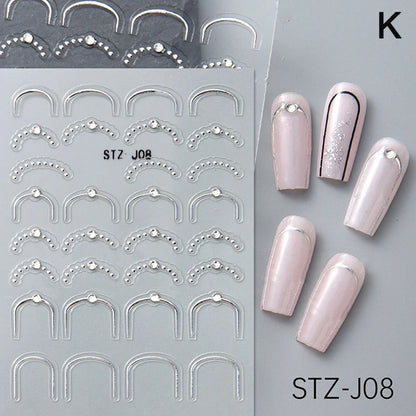 French Tips Nail Sticker 5D Embossed Crystal French Nail Decals Gold Silver Black Line Design Adhesive Slider Nails Art