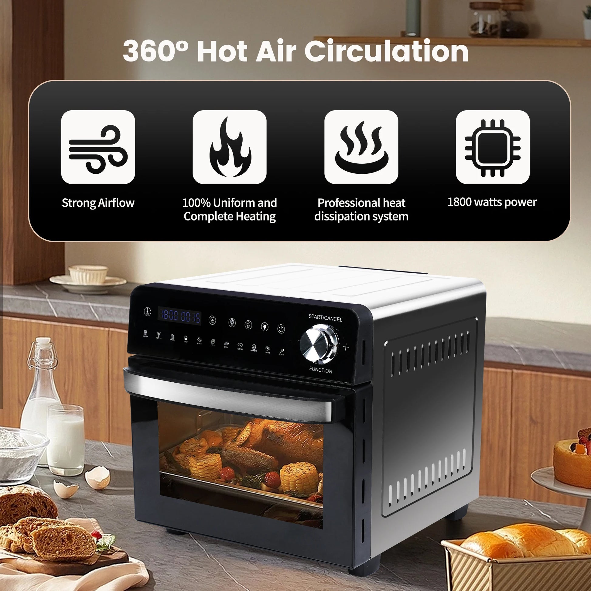 Hot Air Fryer 14L XXL Airfryer Mini Oven 1800W with 11 Programmes LED Screen, 5 Accessories Including Rotisserie and Recipe Book.