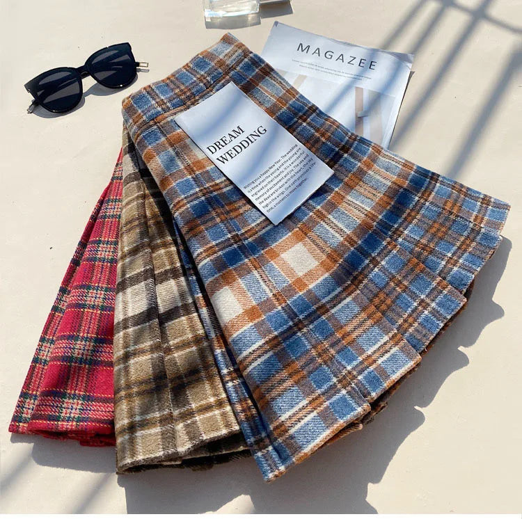 Plaid Woolen Blends Pleated Skirt For Women Fall Winter High Waist A-line Skirt Ladies Fashion Khaki Mini Skirts Vintage Female.