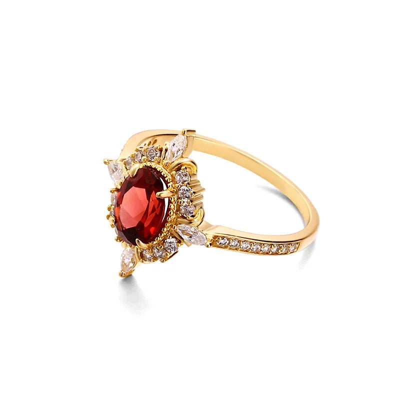 LAMOON Vintage Gemstone Ring Natural Garnet Rings For Women 925 Sterling Silver K Gold Plated Crystal Wedding Engagement RI182.