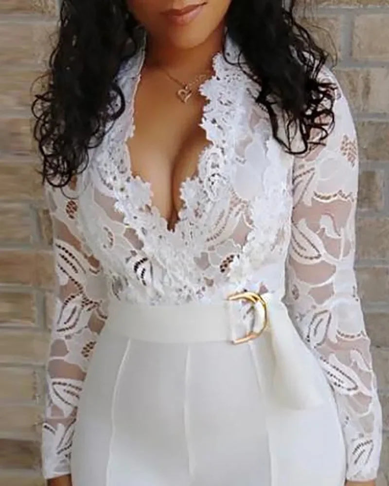 White Lace Jumpsuit Women Sexy V Neck Lace-up Stitching Long Sleeve Wide Leg Long Pants Office Lady Romper Overalls Jumpsuits.