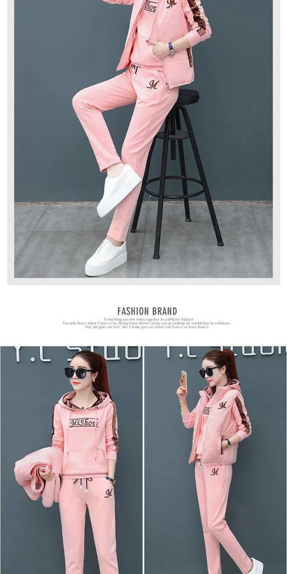 Women's Fashion Plush Thickened Sweat Suit 2025 Autumn Winter New Casual Hooded Tops Waistcoat Pants 3 Three Piece Set For Women