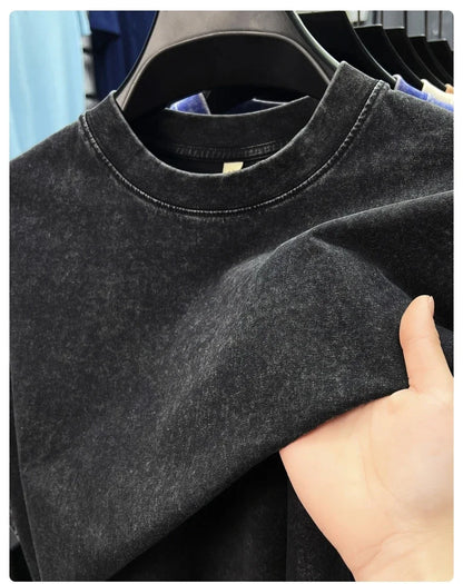 Personality washed vintage short sleeve T-shirt high-end 100% pure cotton men fashion round neck comfort lightweight casual top