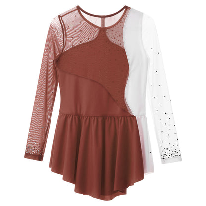 6-16Y Mädchen Eiskunstlauf Tanz Kleid Ballett Gymnastik Trikot Langarm Shiny Strass Sheer Mesh Leistung Dancewear