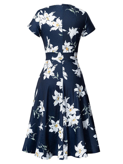 Nice-forever Vintage Elegante Blumen Druck Plissee Rundhals vestidos A-Line Pinup Business Party Frauen Flare Swing Kleid A102.