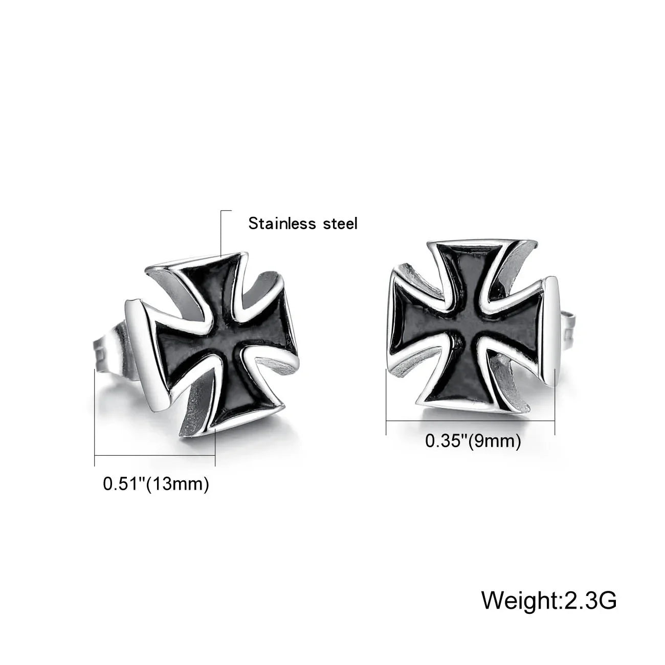 New 2PCS Men's Knights Simple Cross Stud Earrings Templar Knight Ear Studs Stainless Steel Crucifix Male Jewelry Gifts.