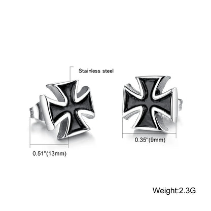 New 2PCS Men's Knights Simple Cross Stud Earrings Templar Knight Ear Studs Stainless Steel Crucifix Male Jewelry Gifts.