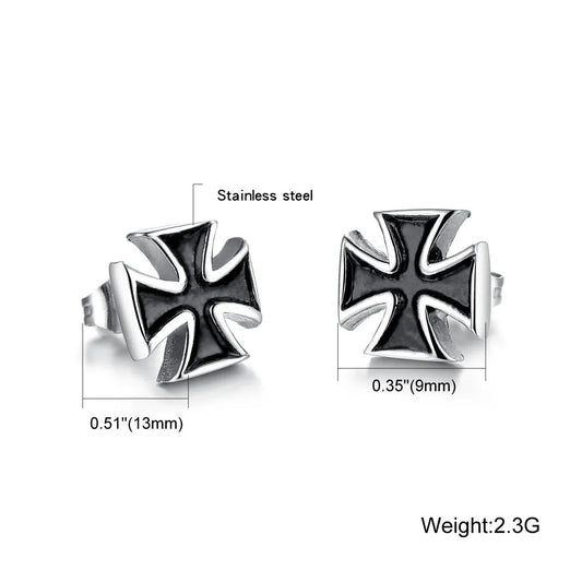 New 2PCS Men's Knights Simple Cross Stud Earrings Templar Knight Ear Studs Stainless Steel Crucifix Male Jewelry Gifts.