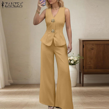 ZANZEA 2025 Summer Outfits Women Fashion Matching Sets V Neck Sleeveless Tanks Tops Trousers Suit 2PCS Solid Work OL Tracksuits.