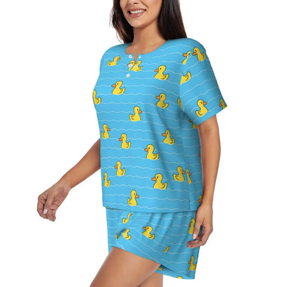 Benutzerdefinierte Frauen Gelb Klassische Gummi Ente Pyjamas Set Gedruckt Zwei-stück Pj Sets Kurzarm Nachtwäsche Loungewear