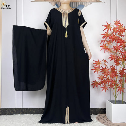 New Muslim Abayas Summer Short Sleeve African Dashiki Tassels Cotton Loose Caftan Lady Maxi Islam Casual Dresses With Headscarf