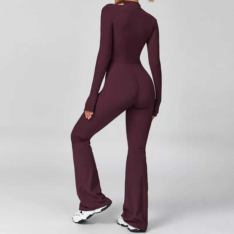 Women's One-piece Yoga Jumpsuit Long Sleeve Zipper Slim Fit Sports Outfit Flare Tights Quick-drying Hip Lift Gym Fitness Clothes.