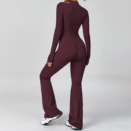 Women's One-piece Yoga Jumpsuit Long Sleeve Zipper Slim Fit Sports Outfit Flare Tights Quick-drying Hip Lift Gym Fitness Clothes.