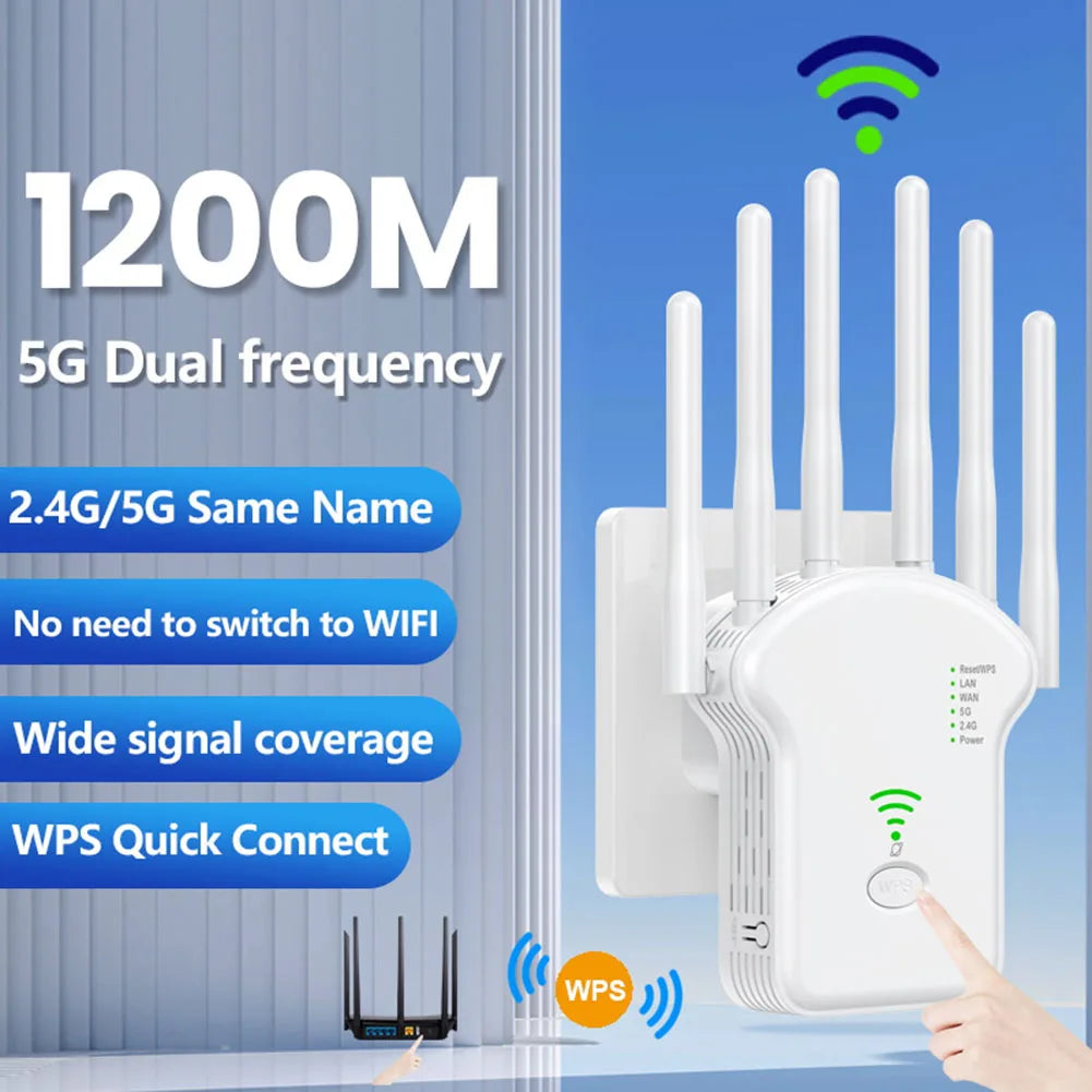 1200Mbps 5GHz Wireless WiFi Repeater WiFi Signal Booster Dual-Band 2.4G 5G WiFi Extender 6 Antenna Network Amplifier WPS Router.