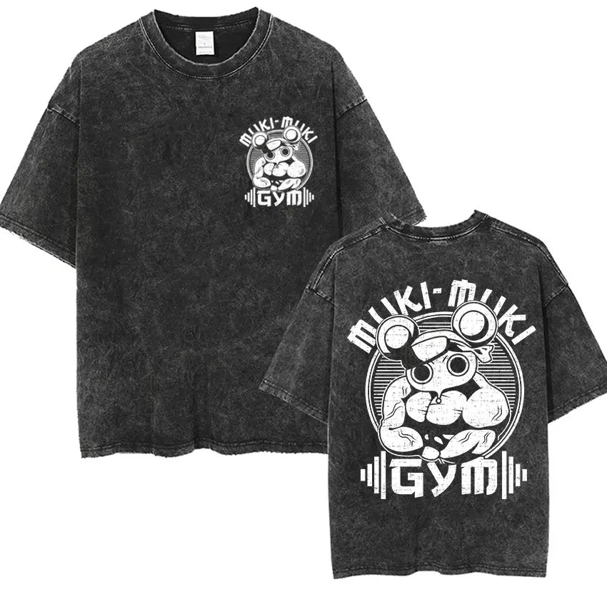 Japanese Anime Demon Slayer Uzui Tengen Vintage Washed T Shirts Funny Ninja Mice Muki Muki Gym Muscular Mouse Oversized T-shirt.
