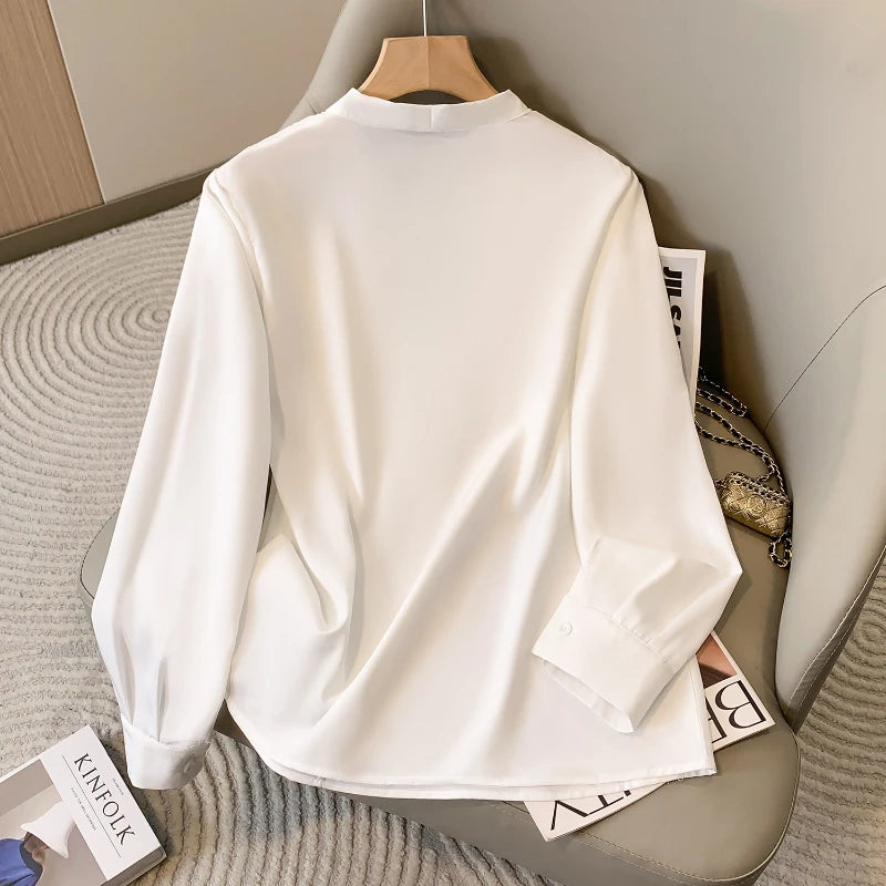 Big Size Women Shirts 2025 Spring Autumn Long Sleeve Office Lady V-Neck Solid Color Blouses Elegant and Youth Woman Tops.