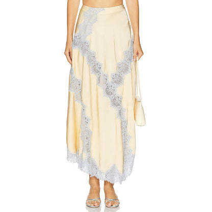 Elegant Sleeveless V Neck Vest High Waist A Line Skirt Fashion Lace Patchwork Skirt Set for Women Lady 2 Pcs Outfits Streetwear.