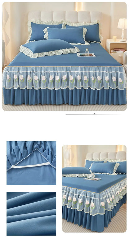 Floral Style Bed Skirt Embroidered Bed Cover Single/Queen/King Size Bed Linen Home Sheet with Skirt 침대스커트(Pillowcase Need Order).