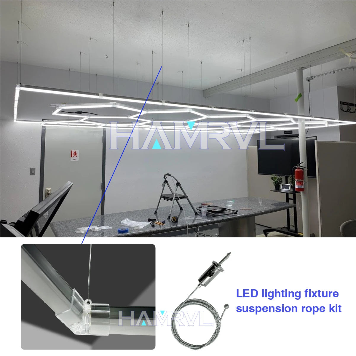 Hexagon Light Adjustable Suspension Rope and Splicing Connector All Copper 2Pin V/Y/L/T/I Cable LED Tube Lamp for Garage Ceiling.