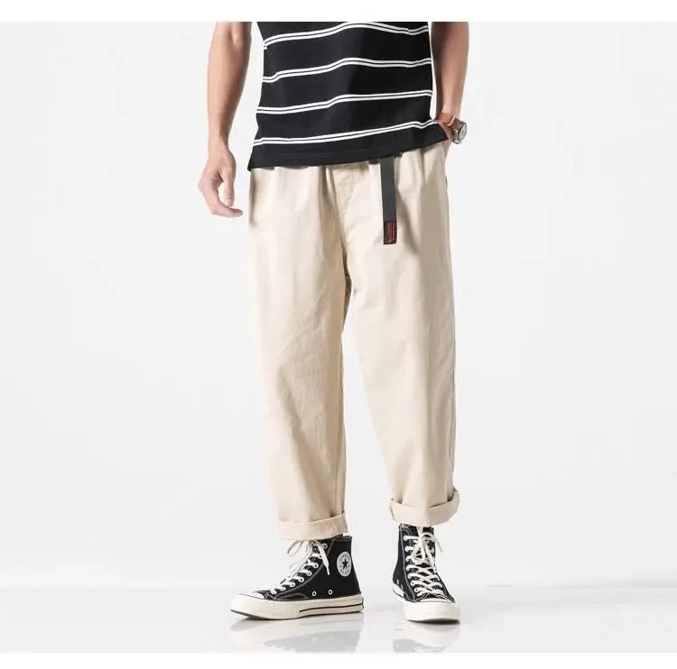 100% Cotton Casual Summer Pants With Belt Men Straight Baggy Ankle-Length Cargo Trousers Wide Leg Sweatpants Male Streetwear.