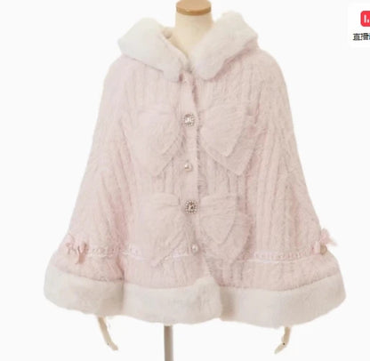 Japanische Liz Süße Prinzessin Faux Kaninchen Fell Cape Mantel Frauen Herbst Winter Pelz Jacke Lose Uhr Strass Bogen Mit Kapuze Mantel