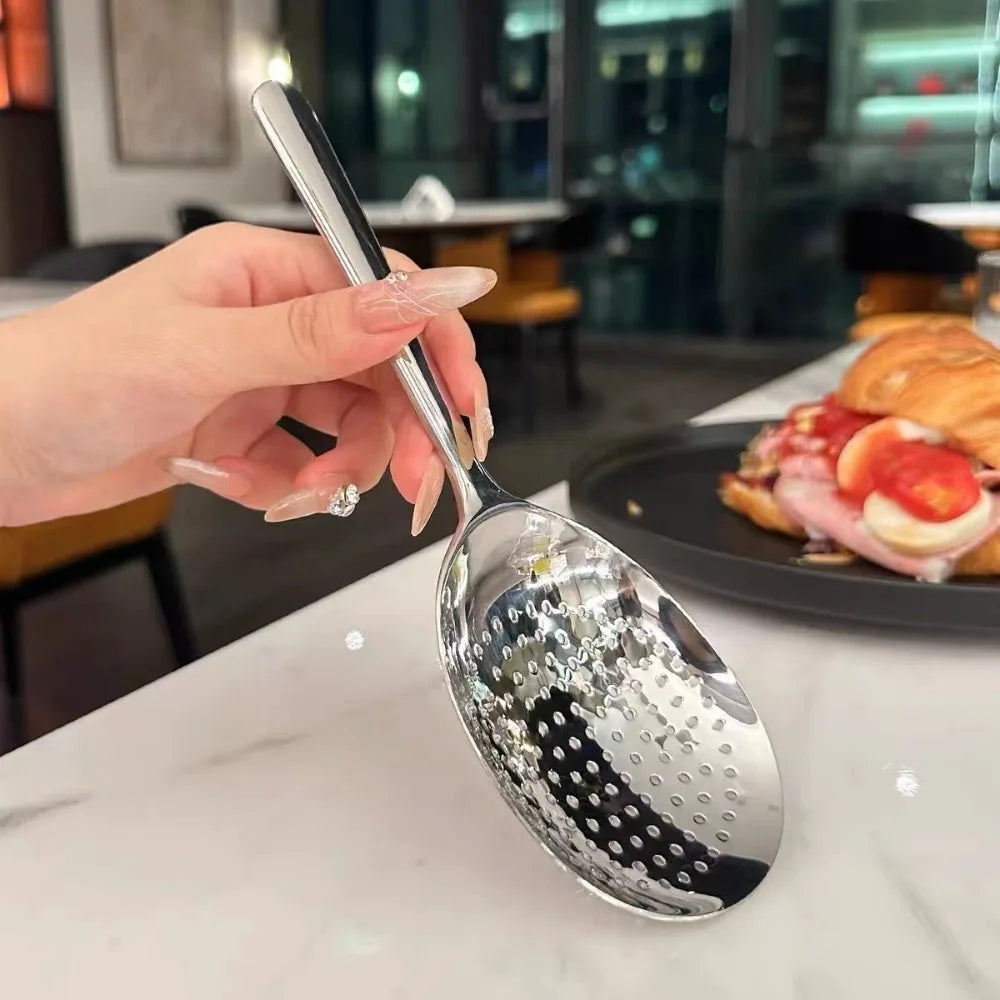 1Pc Big Head Stainless Steel Round Spoon Large Size Dining Spoon Rice Serving Spoon Drain Hole Heat Spoons Kitchen Tool Utensils.