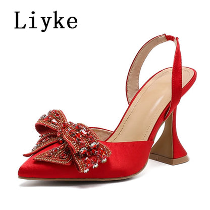 Liyke Spring Summer Fashion Rhinestone Bowknot Women Pumps Sexy Silk Pointed Toe Strange High Heels Party Prom Shoes Gold Silver