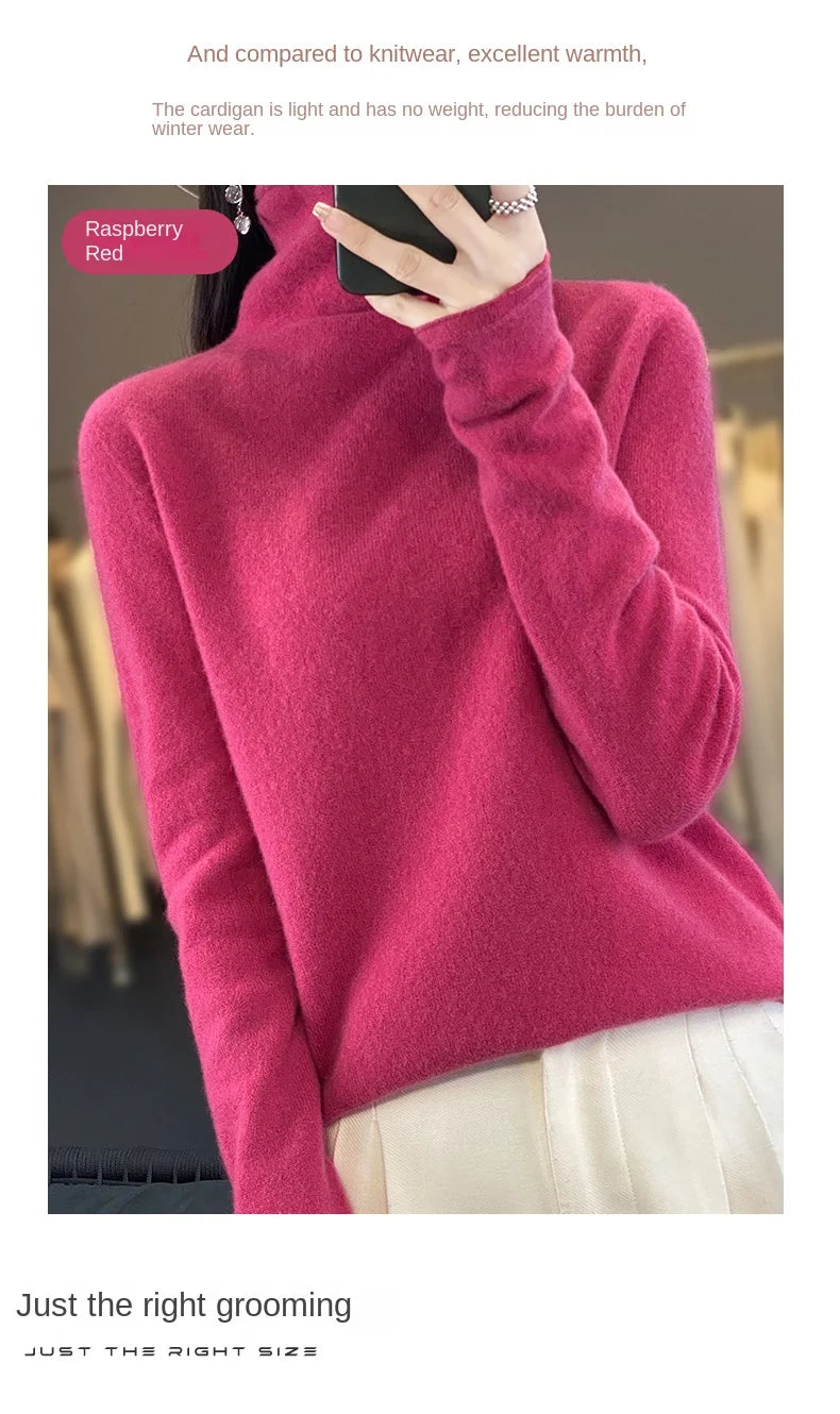 2025 100% Merino Wool Sweater Elegant Cashmere Pullover Women Pile Collar Long Sleeve Knitwear Basic Clothing  Jumper Tops