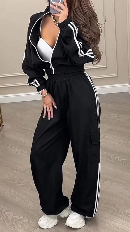 Sports Trousers Loose White Casual Women's Set Fashion Zipper High-waisted Hoodie + Wide-leg Overalls 2-piece Sweatshirt Suit.
