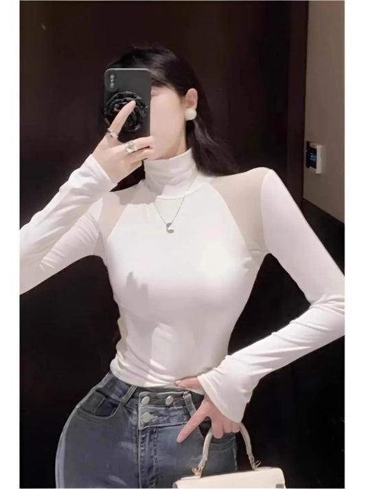 Sexy Pure Half Turtle Neck Small Mesh Splicing Slim Fit and Velvet T-shirt Base Shirt for Women in Autumn and Winter New Top.