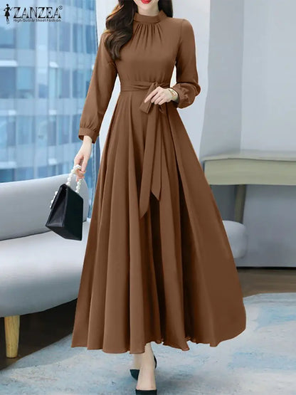 ZANZEA Women Long Sleeve A-line Sundress Spring Long Dress Autumn Solid Party Holiday Maxi Dresses Vestidos Femme Vintage Robe.