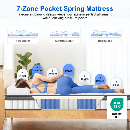 AUTHMIC Matratze – Taschenfederung, 7-Zonen-adaptive Unterstützung, 25 cm dick, atmungsaktiv und hautfreundlich, mittelfestes Gefühl, ruhiger Schlaf