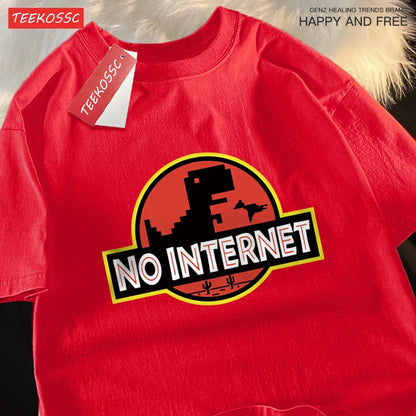 No Internet Fun Little Dinosaur Short Sleeve Mens Cartoons Cotton Tshirt Summer High Quality Clothing Fashion Oversize T-Shirts.