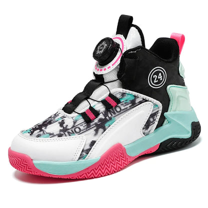 Children's Autumn New Rotary Buckle Mesh Breathable Basketball Shoes Boys Fashion Trend Sneaker Anti Slip Running Footwear 31-40