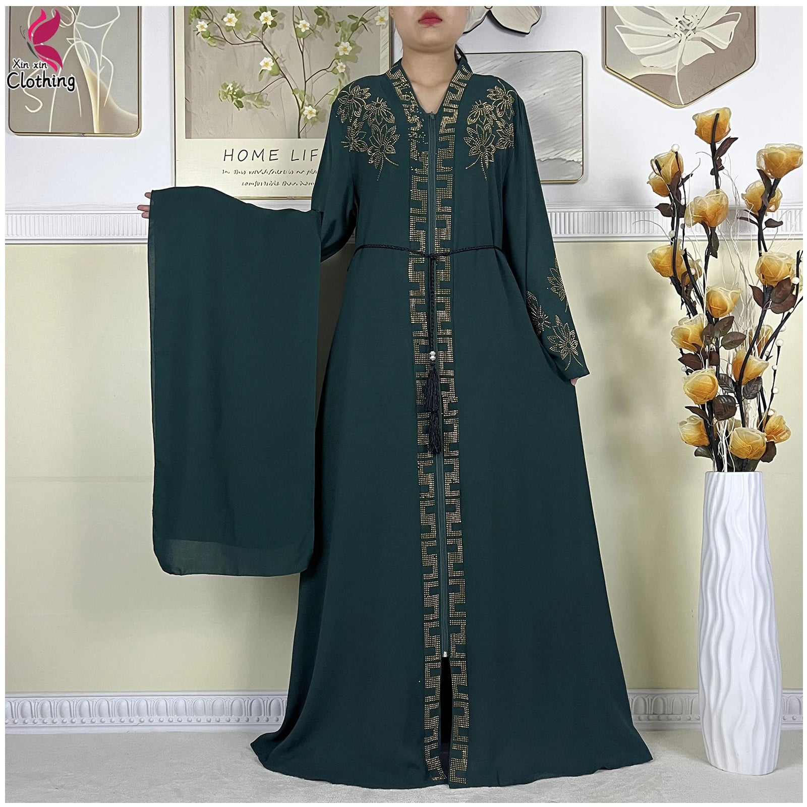 New Muslim Abayas For Women Long Sleeved Dress Dubai Lady Elegant Long Dress Islam Clothing African Abaya Loose Robe With Turban.