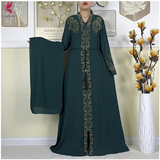 New Muslim Abayas For Women Long Sleeved Dress Dubai Lady Elegant Long Dress Islam Clothing African Abaya Loose Robe With Turban.
