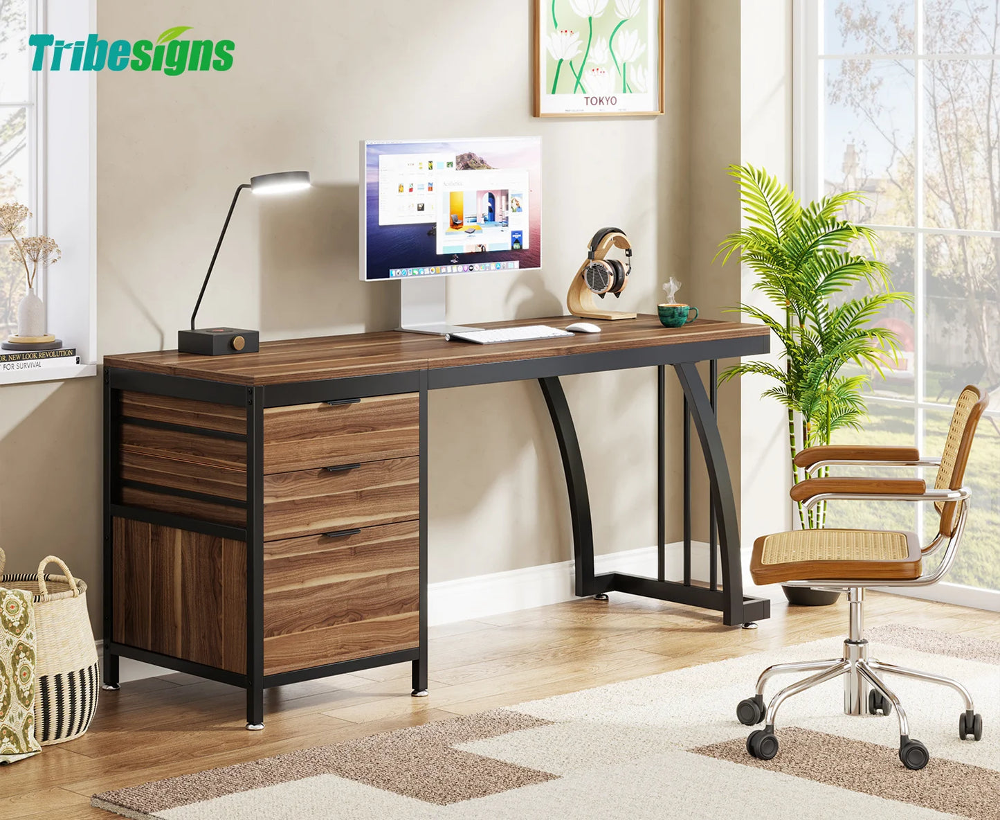 Tribesigns Computertisch mit 3 Schubladen, 59-Zoll-PC-Schreibtisch mit umkehrbaren Schubladen, Arbeitsplatz für industrielle Arbeitszimmer-Schreibtisch