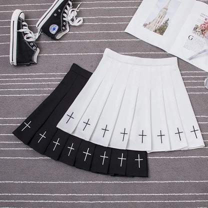 Women Harajuku Sweet Fresh Feeling High Waist Pleated Skirt Elastic Waist Cross Embroidery Skirt Pleated Skirt.
