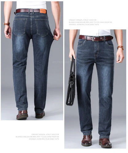 Brand Men's Fashion Summer Thin Jeans Comfortable Stretch Cotton Business Straight Casual Denim Pants Light Gray Blue Pants.